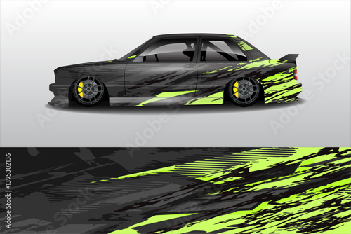 Sleek modified car with vibrant graphic design parked on a smooth surface, showcasing urban style