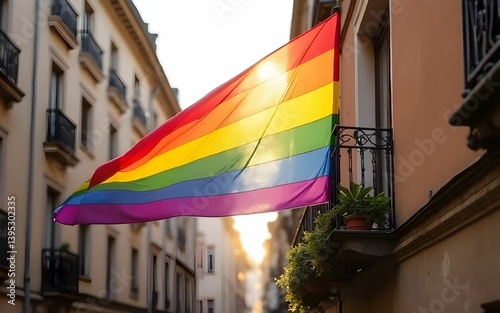 Rainbow flag fluttering on a balcony in a European city, warm sunlight and urban texture details.