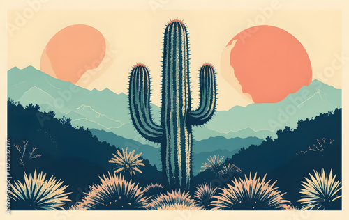 Cactus in Desert Landscape. Southwestern Desert Scene with Cactus, cactus in desert vector illustration