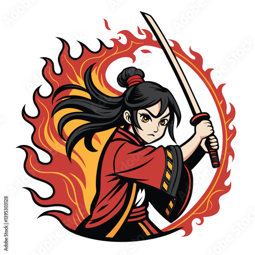 Create a vector illustration of a fierce anime samurai, utilizing bold, dynamic strokes and impactful color choices.  Focus on a powerful and dramatic pose.