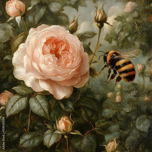A painted scene showing a bee by a lovely pink rose
