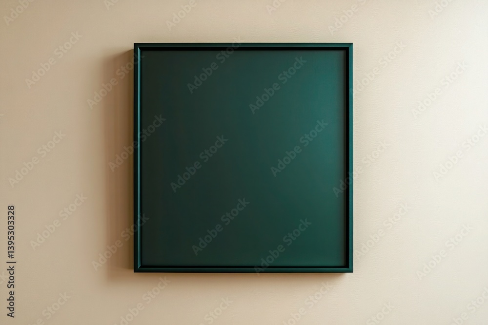 A dark green, square metallic frame with a satin finish, hanging high on a deep beige wall, adding a luxurious contrast.