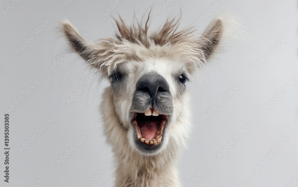 Obraz premium Laughing llama with open mouth and crooked teeth, wild hair, white studio background, quirky and funny look
