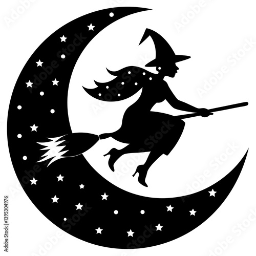 Classic Halloween silhouette of witch on broomstick. Perfect for spooky posters and digital art.