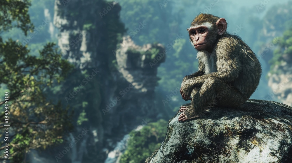 Obraz premium young monkey sitting on rock misty mountain landscape