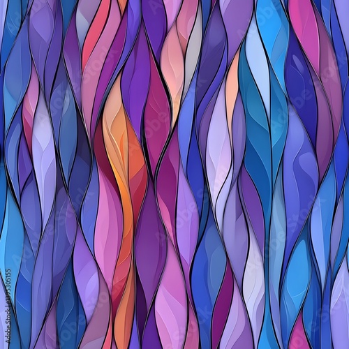 A vibrant seamless pattern featu abstract stained glass window designs with flowing wave-like shapes in shades of purple, blue, pink, and orange creating a beautiful textured