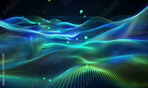 Futuristic digital landscape with glowing blue and green waves and floating particles, evoking a high-tech, sci-fi, and immersive virtual environment.
