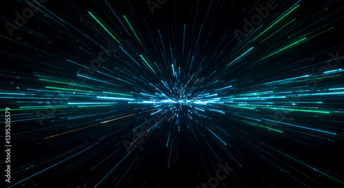 Speed of light concept with time tunnel and interstellar travel effects, abstract illustration of fast-moving energy and digital data streams.