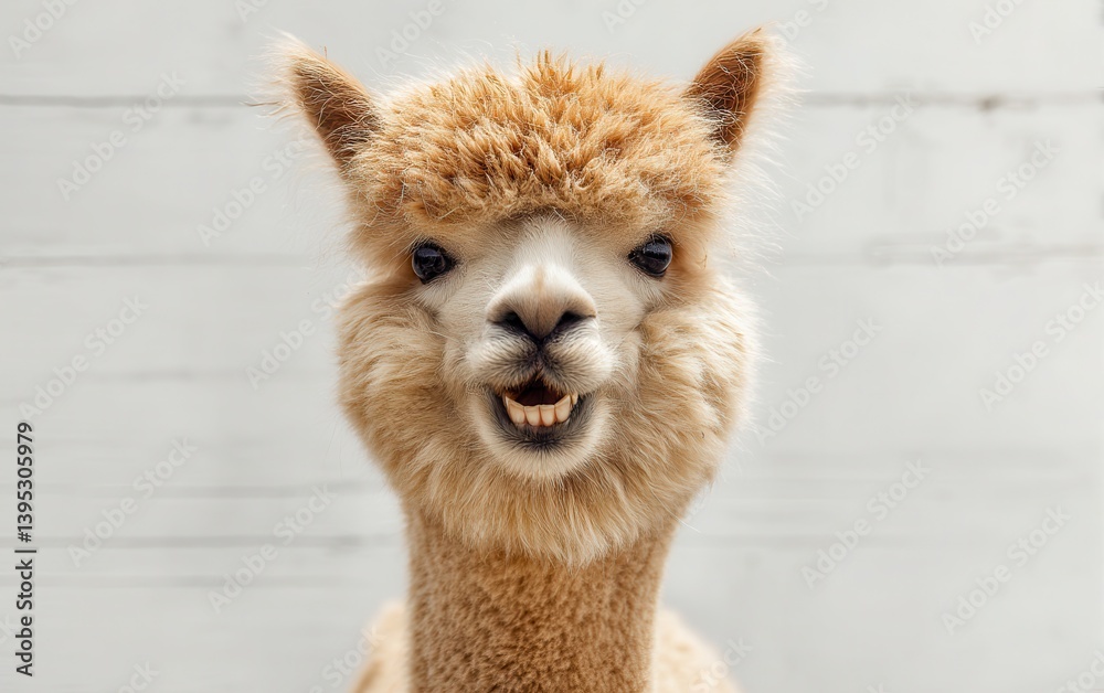Obraz premium Smiling alpaca with fluffy fur and quirky teeth, minimalist background, clean lighting, joyful farm animal portrait