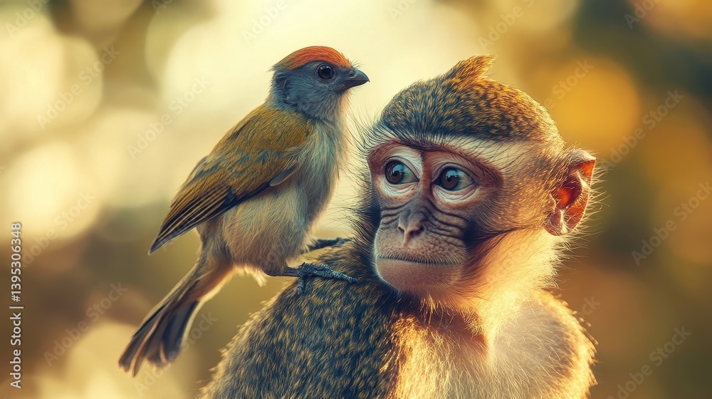 Fototapeta premium monkey and bird in golden sunlight