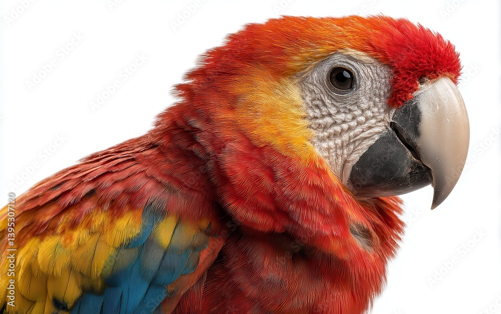 Obraz premium Smiling parrot with colorful feathers and playful tilt of the head, isolated white backdrop, fun exotic bird portrait