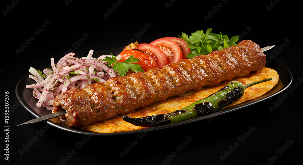 Turkish Adana Kebab on Skewer with Lavash, Grilled Pepper, and Sides Turkish Adana Kebab on Skewer with Lavash, Grilled Pepper, and Sides