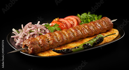 Turkish Adana Kebab on Skewer with Lavash, Grilled Pepper, and Sides