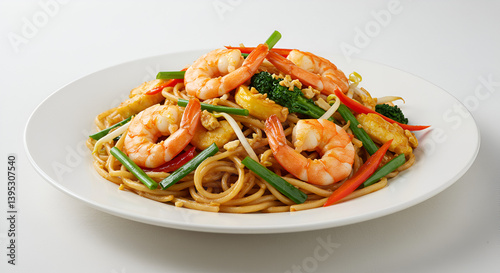 Shrimp Stir-Fried Noodles with Vegetables (Chow Mein Style) on White Plate