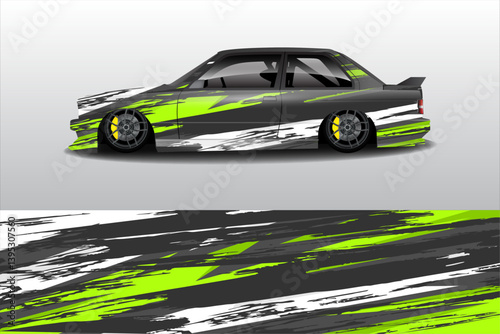 A sleek, modified car with vibrant green and black graphics, parked on a minimalist background