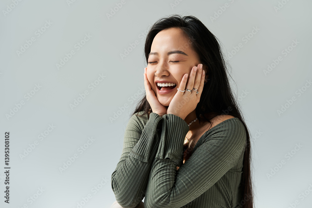 Joyful young asian woman expressing happiness in a minimalist setting during daylight Joyful young asian woman expressing happiness in a minimalist setting during daylight