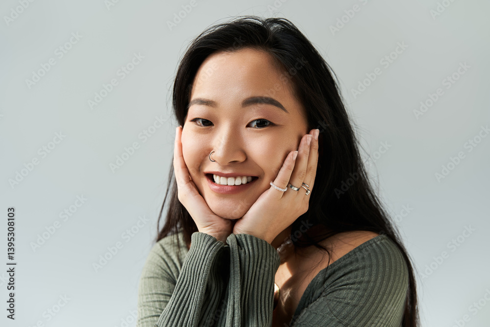 Young asian woman brightens the room with her captivating smile and charming presence