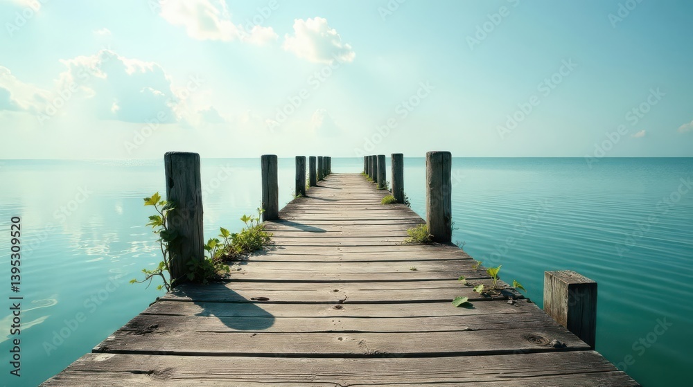 Fototapeta premium Serene Wooden Dock Extending into Tranquil Azure Waters Under a Bright Sky