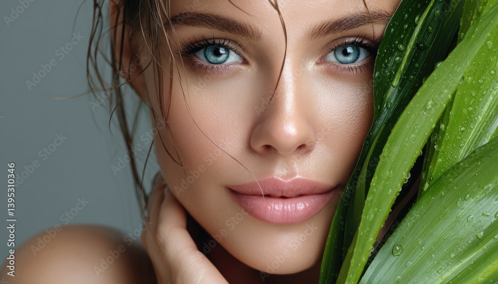a brunette model with blue eyes holding a large green leaf in front of her face, against a grey background.