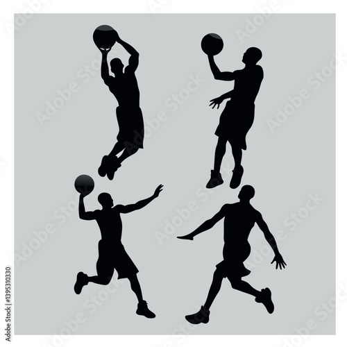 Black basketball player silhouettes vector illustration shows sport action figures of men in a jump during a game.