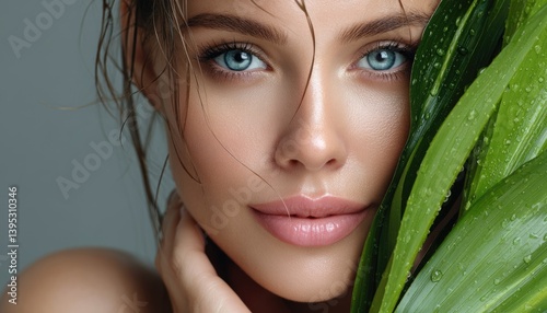 Obraz na płótnie a brunette model with blue eyes holding a large green leaf in front of her face, against a grey background. w salonie