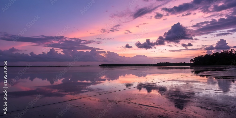 Fototapeta premium Twilight sky and water reflections create a serene landscape at dusk twilight, sky, reflection, wet, surfaces, dusk, water, serene, landscape, clouds, evening,