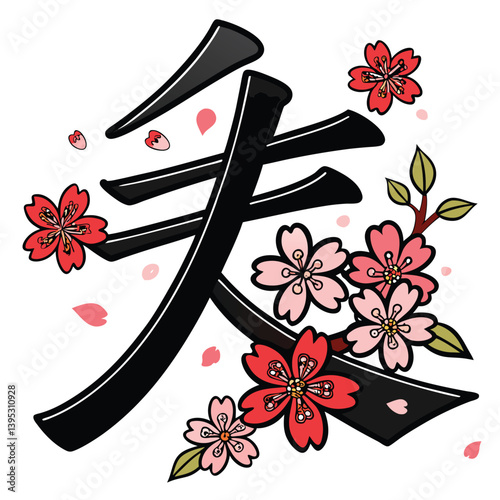 Design a bold, stylized vector illustration of a single Kanji character.  Emphasize strong, impactful brush strokes.