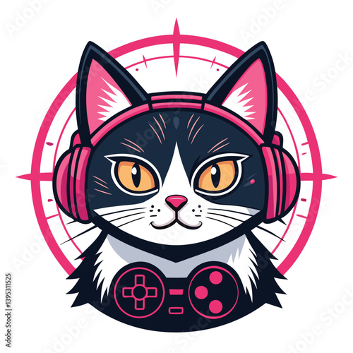 Design a vector illustration of a bold, stylized gamer cat wielding a crosshair-shaped weapon,  featuring strong lines and vibrant colors.