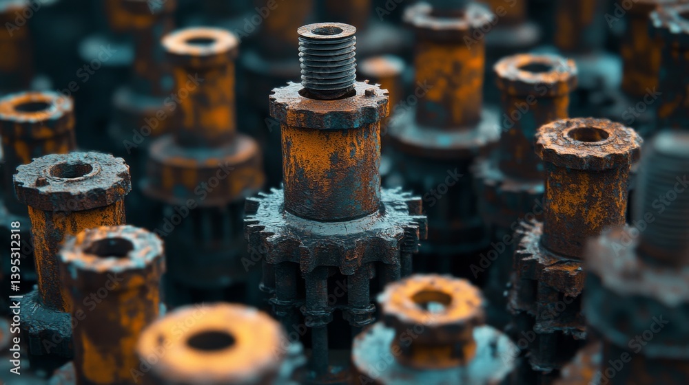 Rusty mechanical gears stand together, forming an industrial forest of metal that tells stories of innovation and time gone by. Rusty mechanical gears stand together, forming an industrial forest of metal that tells stories of innovation and time gone by.