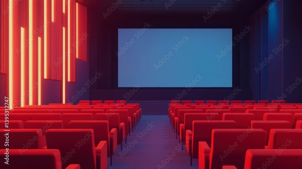 Fototapeta premium Empty red seats in a modern movie theater with a large blank screen and neon lighting.