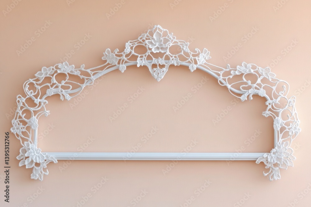 A delicate lace-like frame in white metal, showcased against a soft peach wall, giving a romantic, airy feel.