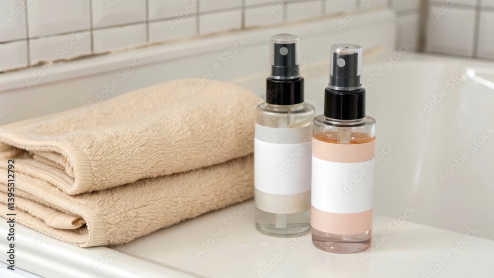 Two spray bottles and a towel on a bathroom counter. Two spray bottles and a towel on a bathroom counter.