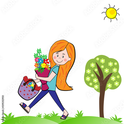 Paisaje con niña feliz llevando un ramo de flores