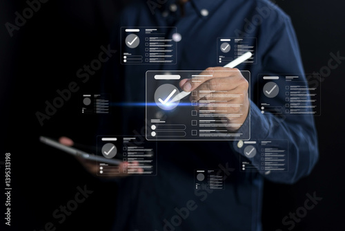 Client marks checklist document using digital form, evaluates quality, selects business choice, completes questionnaire submits survey, and confirms success by check tick