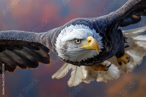 A close-up of an eagle's fierce gaze as it flies through a sky painted in shades of red and purple