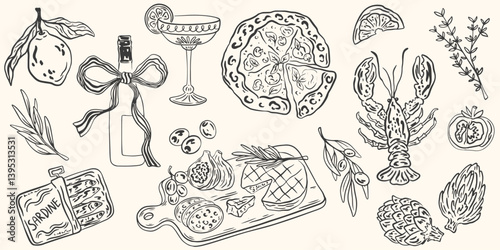 Hand drawn chalk food illustrations set. Drawings of wine, lobster, charcuterie, pizza, cheese, for wedding invitations, cafe menus and parties. La dolce vita italian sketch style. Vector ink drawing