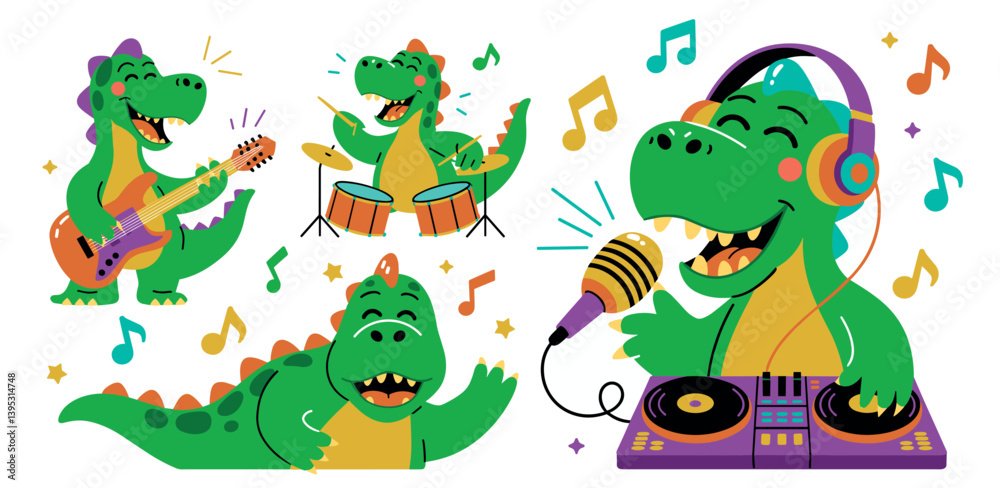 Fototapeta premium Colorful cartoon dinosaurs showcase musical talents with instruments and singing in a playful design