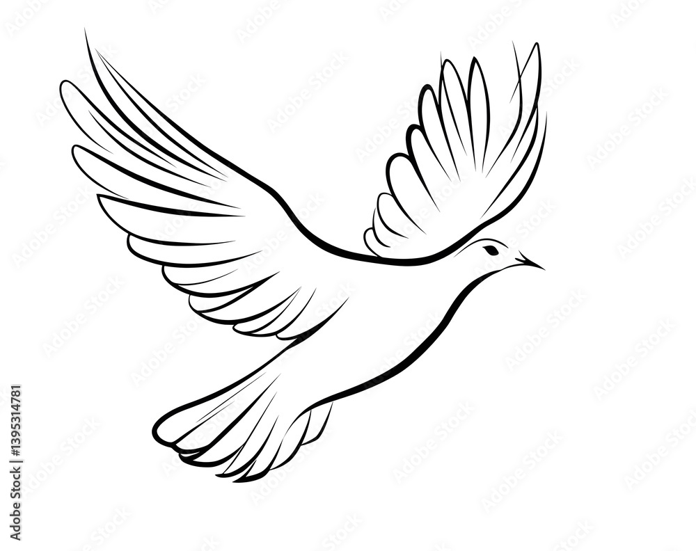 Obraz premium Dove Graceful Bird in Flight, Line Art Silhouette, Flying Pigeon Outline