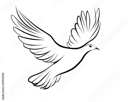 Dove Graceful Bird in Flight, Line Art Silhouette, Flying Pigeon Outline