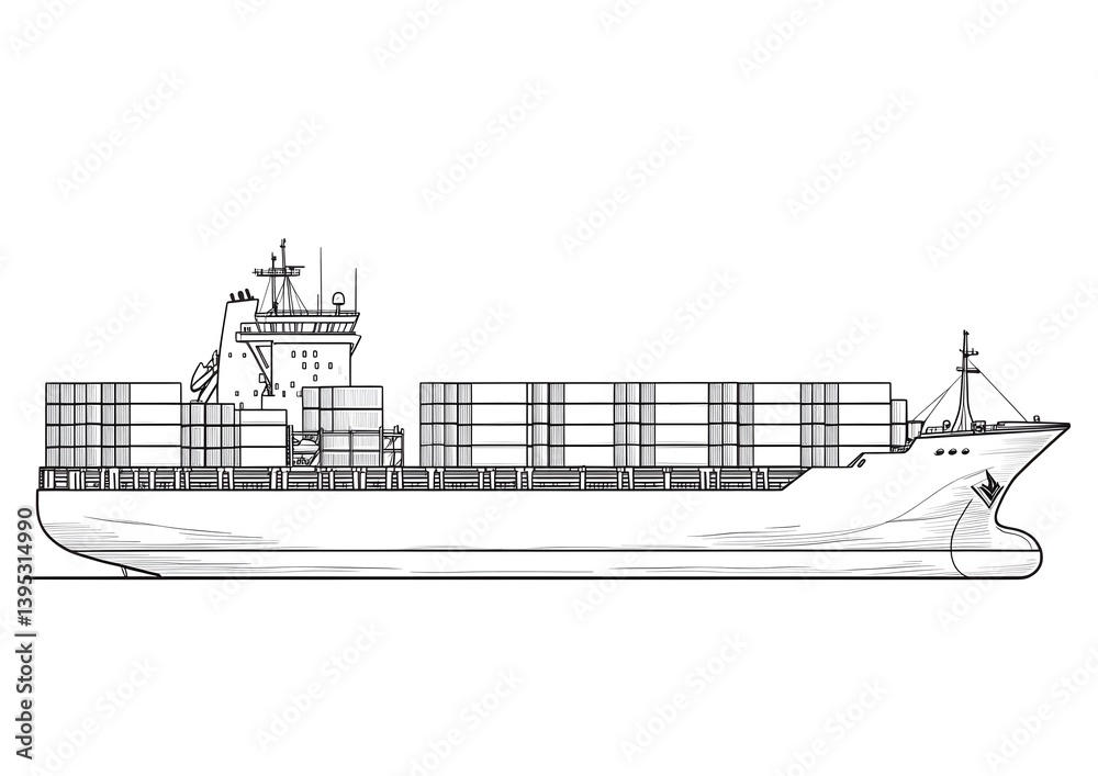 Fototapeta premium Detailed Black and White Sketch of Cargo Ship Carrying Stacked Containers