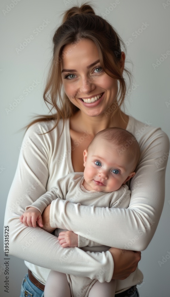A radiant mother beams with joy as she lovingly holds her cherubic baby close, both dressed in soft, neutral tones. This heartwarming image captures the essence of maternal love and the unbreakable A radiant mother beams with joy as she lovingly holds her cherubic baby close, both dressed in soft, neutral tones. This heartwarming image captures the essence of maternal love and the unbreakable