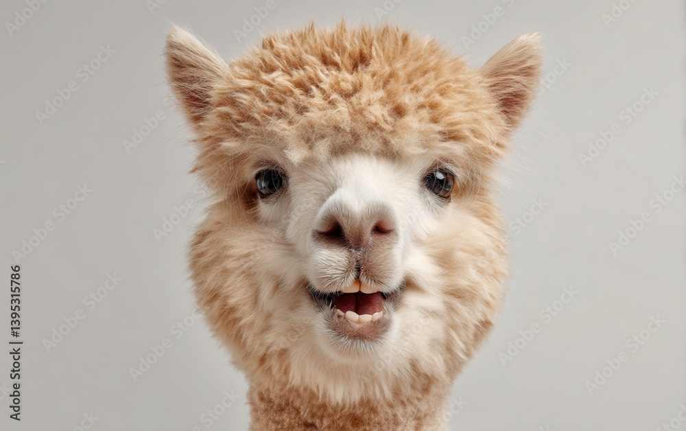 Obraz premium Smiling alpaca with fluffy fur and quirky teeth, minimalist background, clean lighting, joyful farm animal portrait