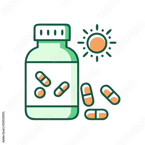 Flat Minimal Icon of Antihistamine Bottle with Pills and Sun  