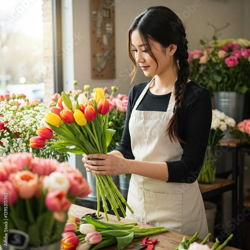 a young asian woman working in a florist shop. She is wearing a blue apron and is arranging a bouquet of colorful flowers. The shop is filled with various flowers and plants.