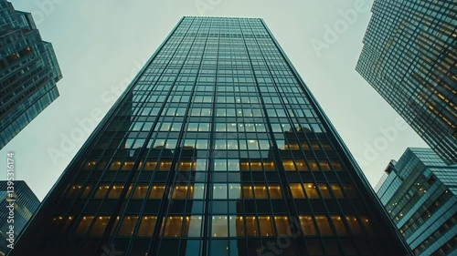 Wallpaper Mural Abstract upward view of modern skyscrapers with glass exteriors, reflecting lights, architectural buildings and urban cityscape on overcast day Torontodigital.ca
