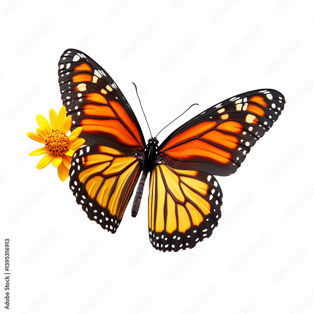 Fototapeta premium Vibrant Monarch Butterfly Fluttering with Flower Isolated on Transparent Background