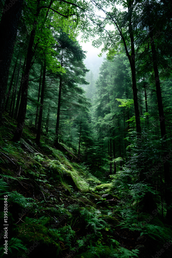 Obraz premium Deep green pine forest landscape