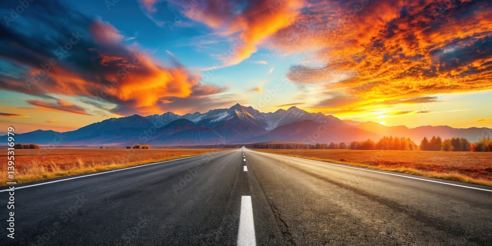 Naklejka premium Asphalt road disappearing into the distance at sunset with vibrant orange clouds and snow-capped mountains in the background