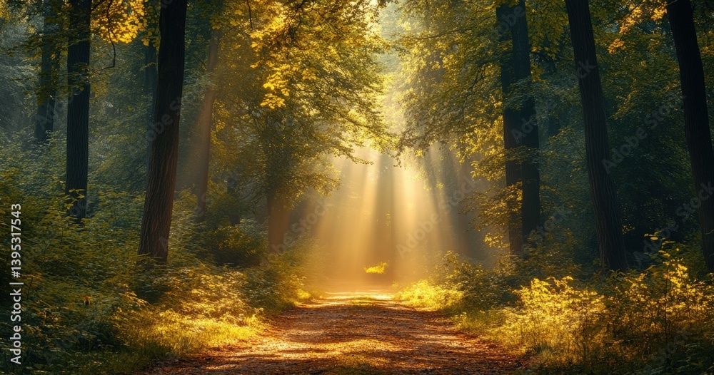 Obraz premium Sunlight filtering through trees creates enchanting forest path