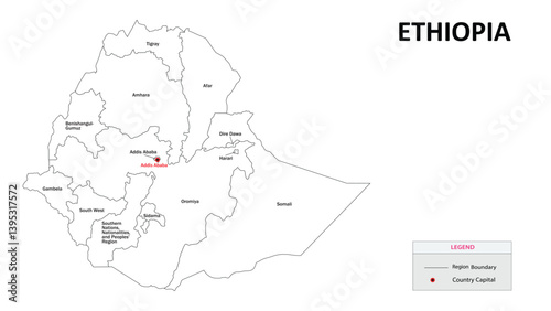 Ethiopia map. Country and State map of Ethiopia. Administrative map of Ethiopia with Countries and boundaries in white color.